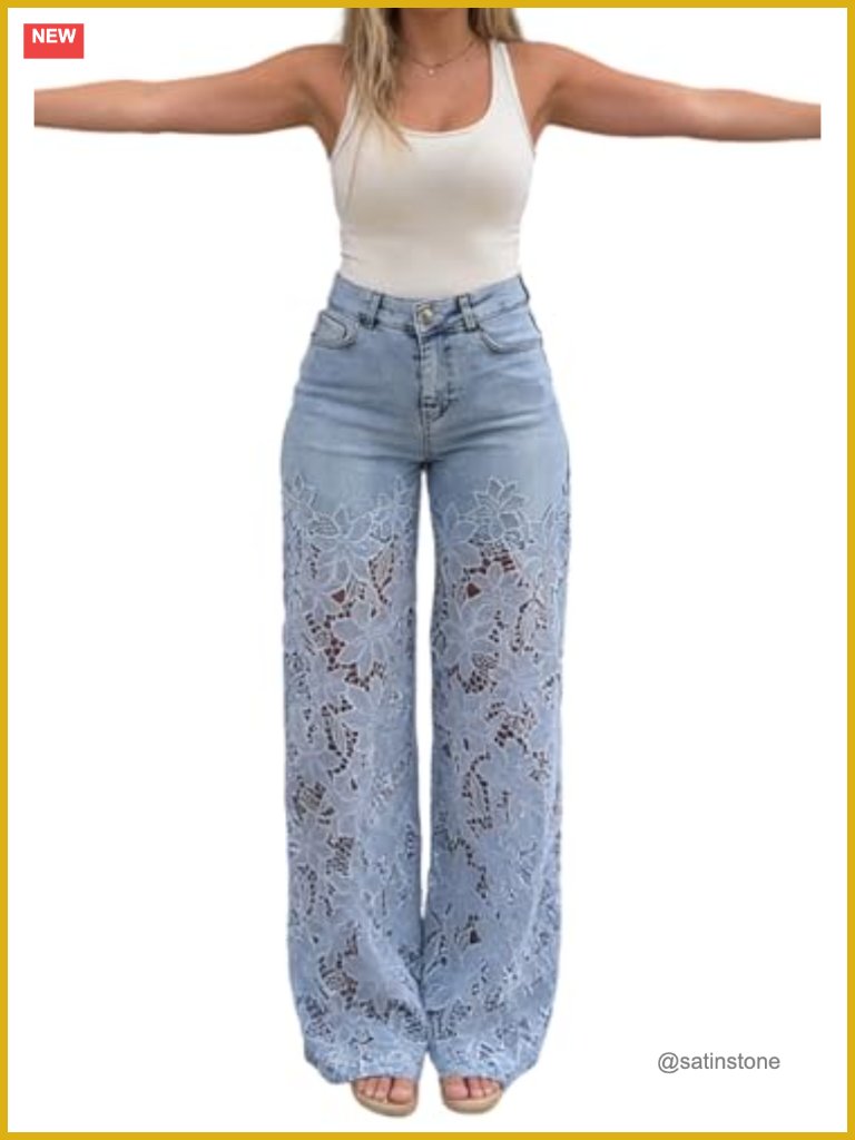 Women's Lace Floral Jeans Embellished Hollow Out Straight Leg Trendy Denim